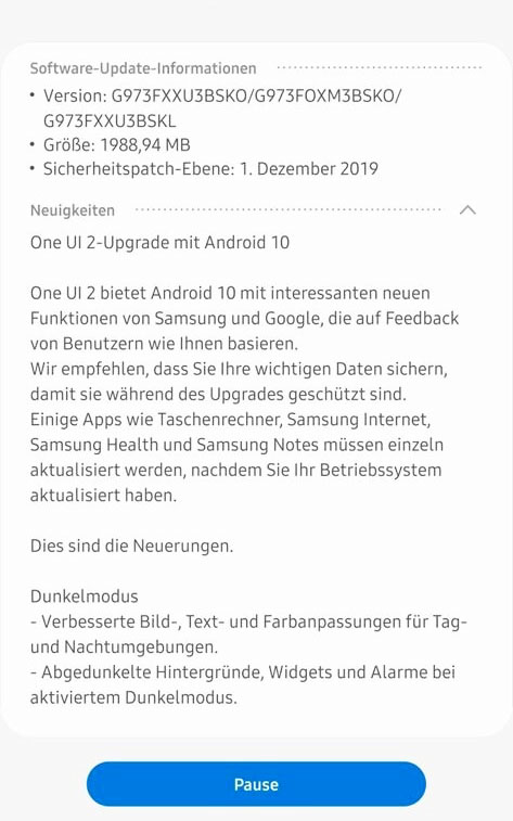 Samsung Galaxy S10 Android 10 version