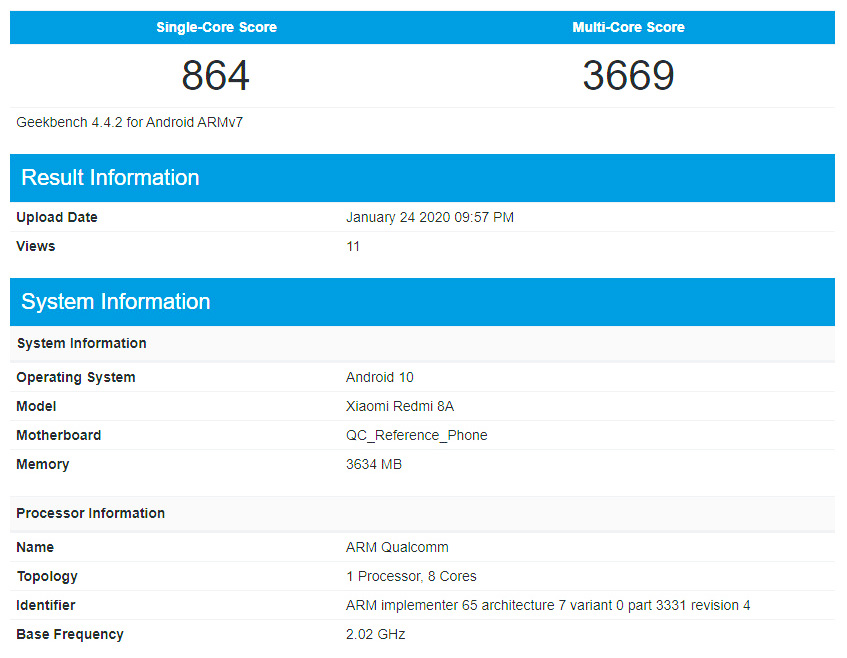 Redmi 8A Android 10 spotted on Geekbench