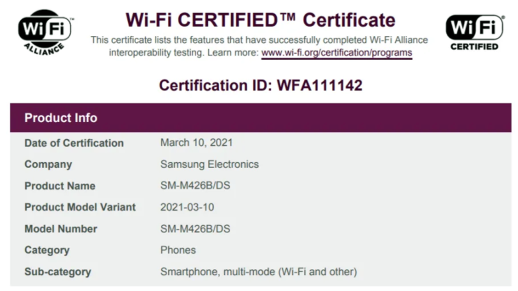 Samsung Galaxy M42 WiFi certification