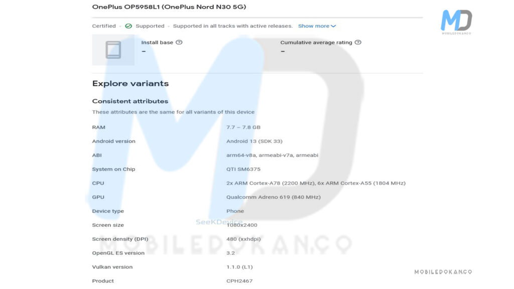 OnePlus Nord N30 5G Google Play Console listing