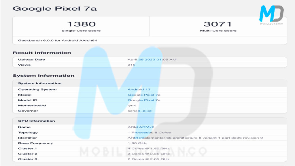 Google Pixel 7a Geekbench listing