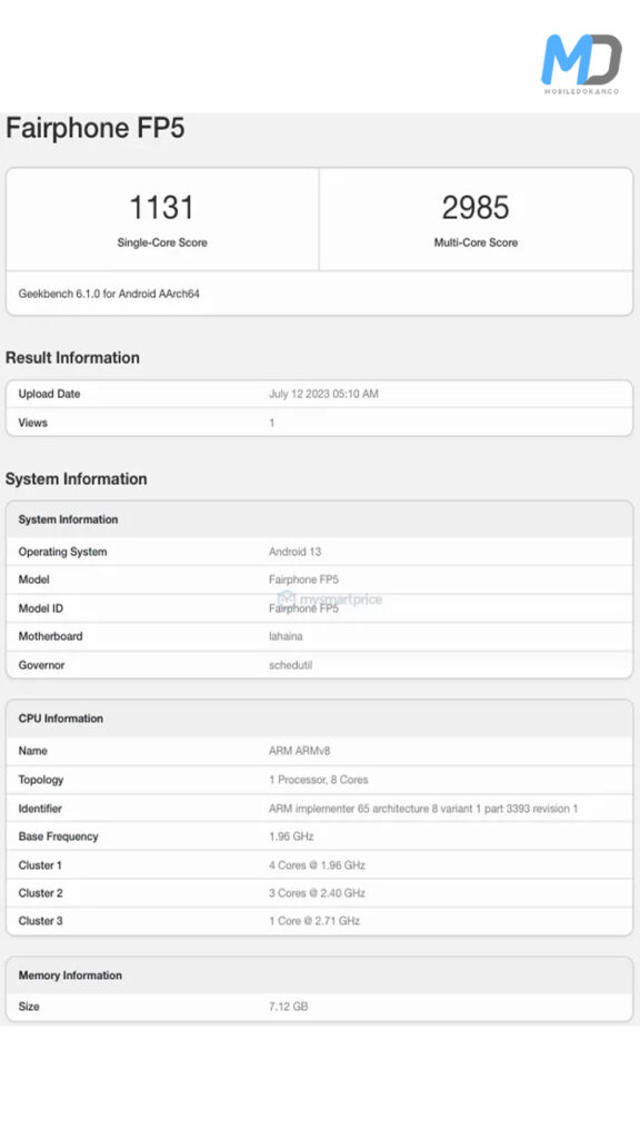 Fairphone 5 Geekbench listing