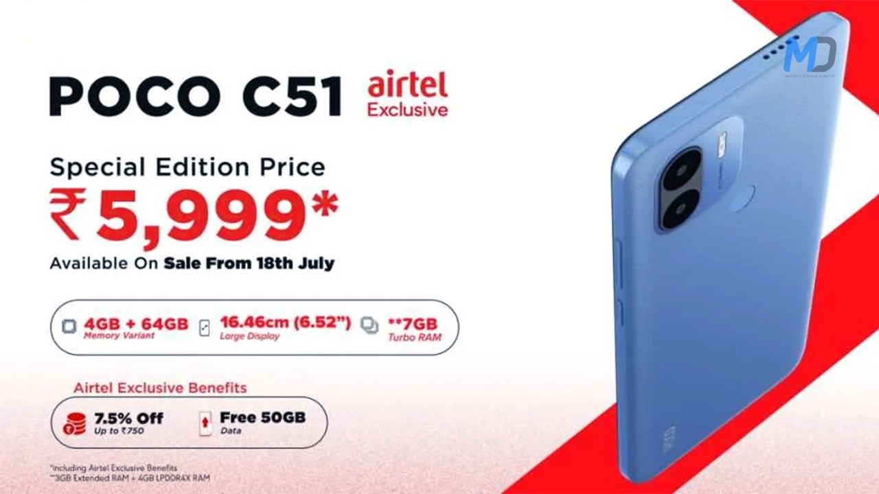 Poco C51 Airtel Exclusive model launched in India, price in India is Rs 5,999