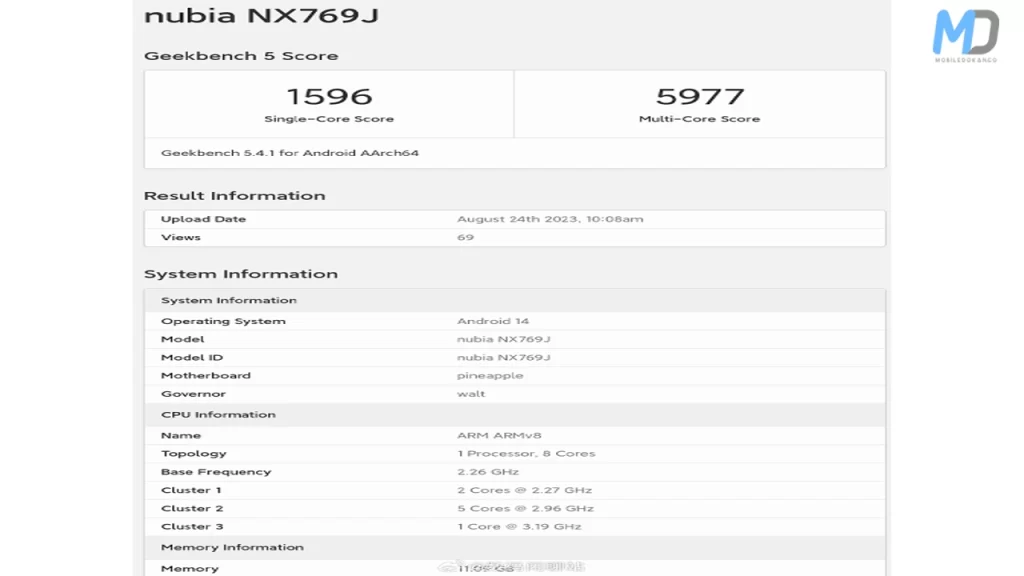 ZTE nubia Red Magic 9 Geekbench listing