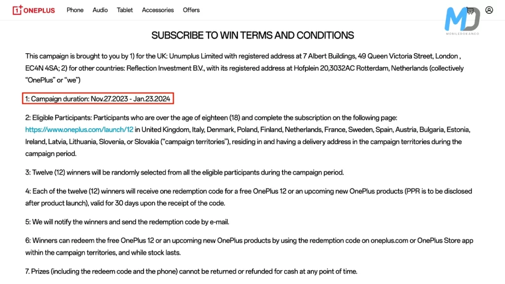 Terms and Conditions page-1 for OnePlus 12 Give away