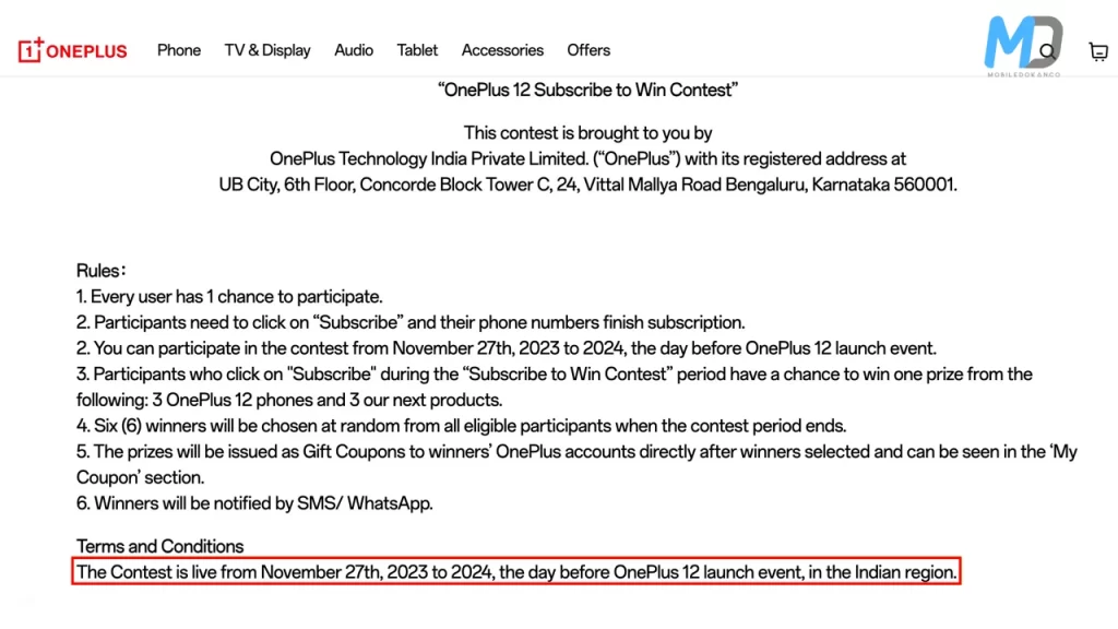Terms and Conditions page-2 for OnePlus 12 Give away