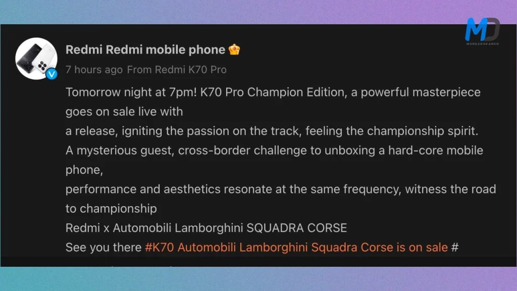 Redmi K70 Pro Champion Edition will be available tomorrow