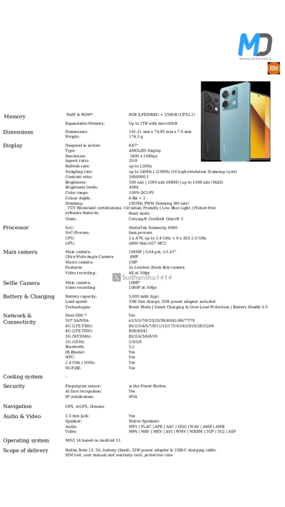 Redmi Note 13 5G specifications