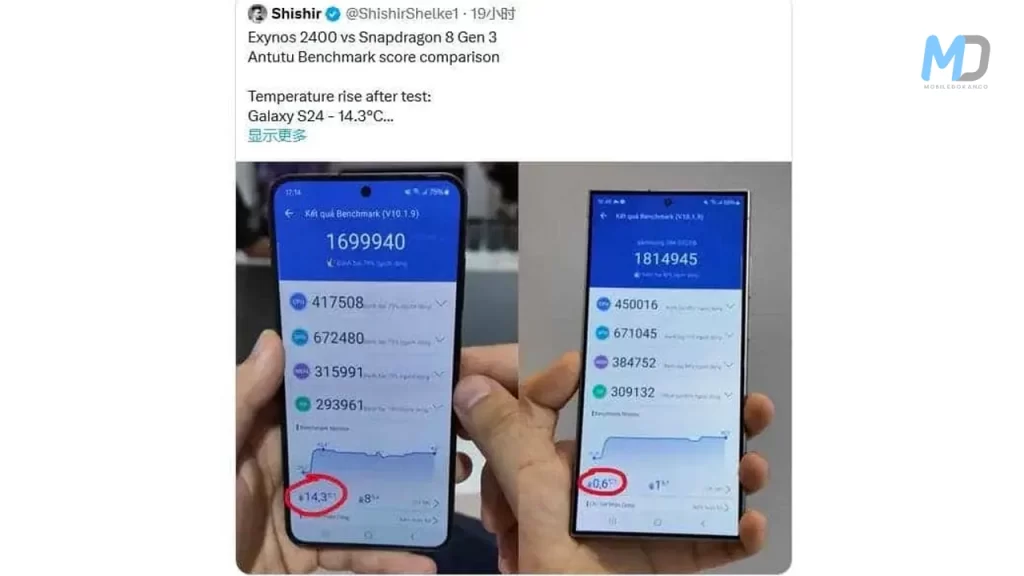 AnTuTu Benchmark performences (SDG 8 Gen3 Vs Exynos 2400)