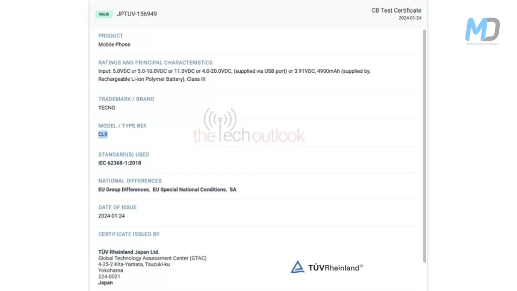 Tecno Camon 30 Premier TUV certifications