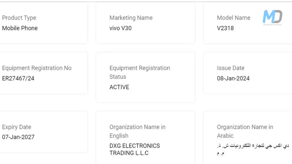 Vivo V30 TDRA certification listing