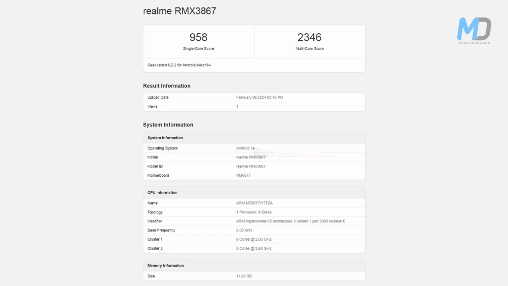 Realme 12+ Geekbench listing