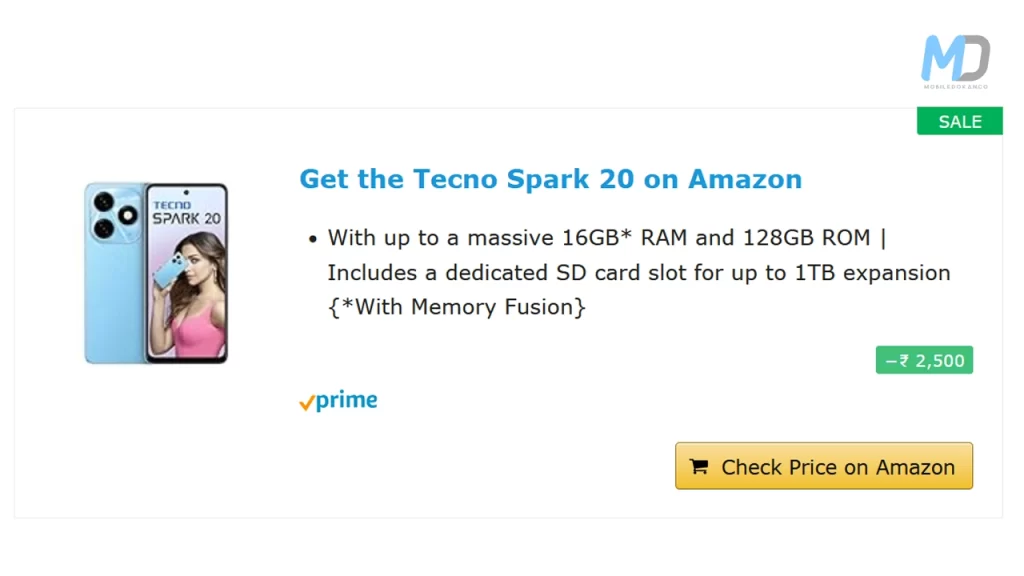 Tecno Spark 20 Indian Pricing and offers in Amazon