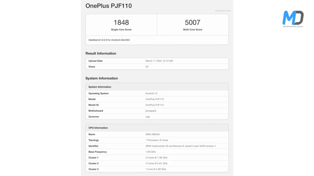 OnePlus Ace 3V Geekbench listings