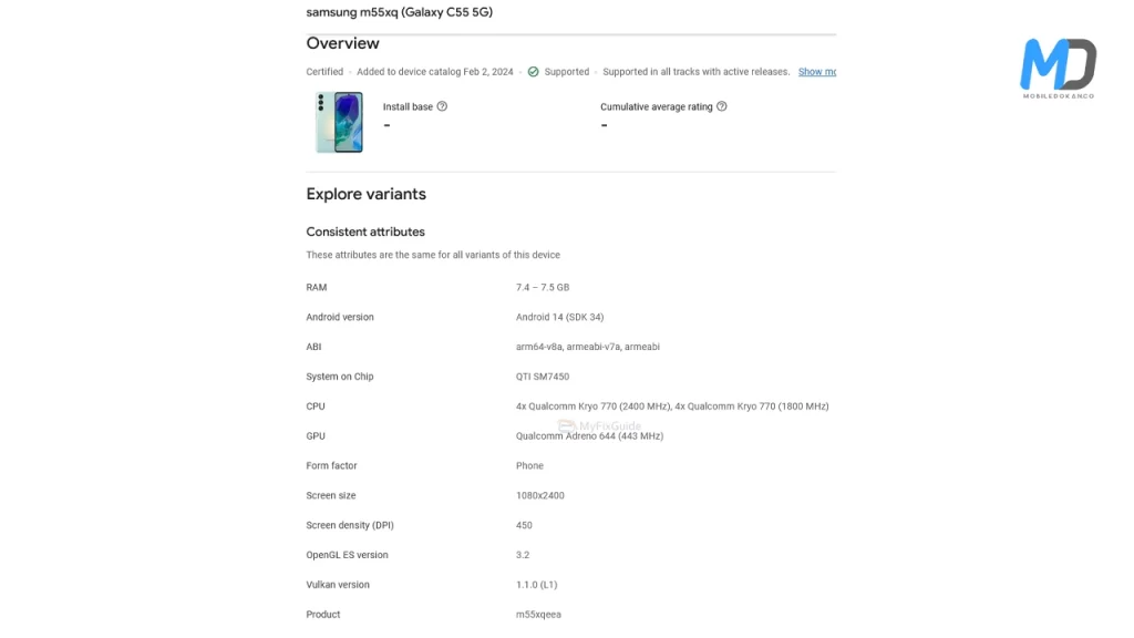 Samsung Galaxy C55 Google Play Console listings