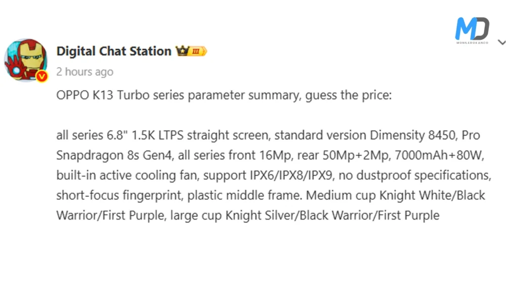 Oppo K13 Turbo and K13 Turbo Pro specifications leaked on Weibo