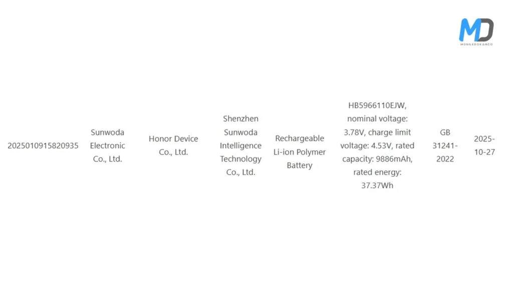 3C listings of Honor Power 2
