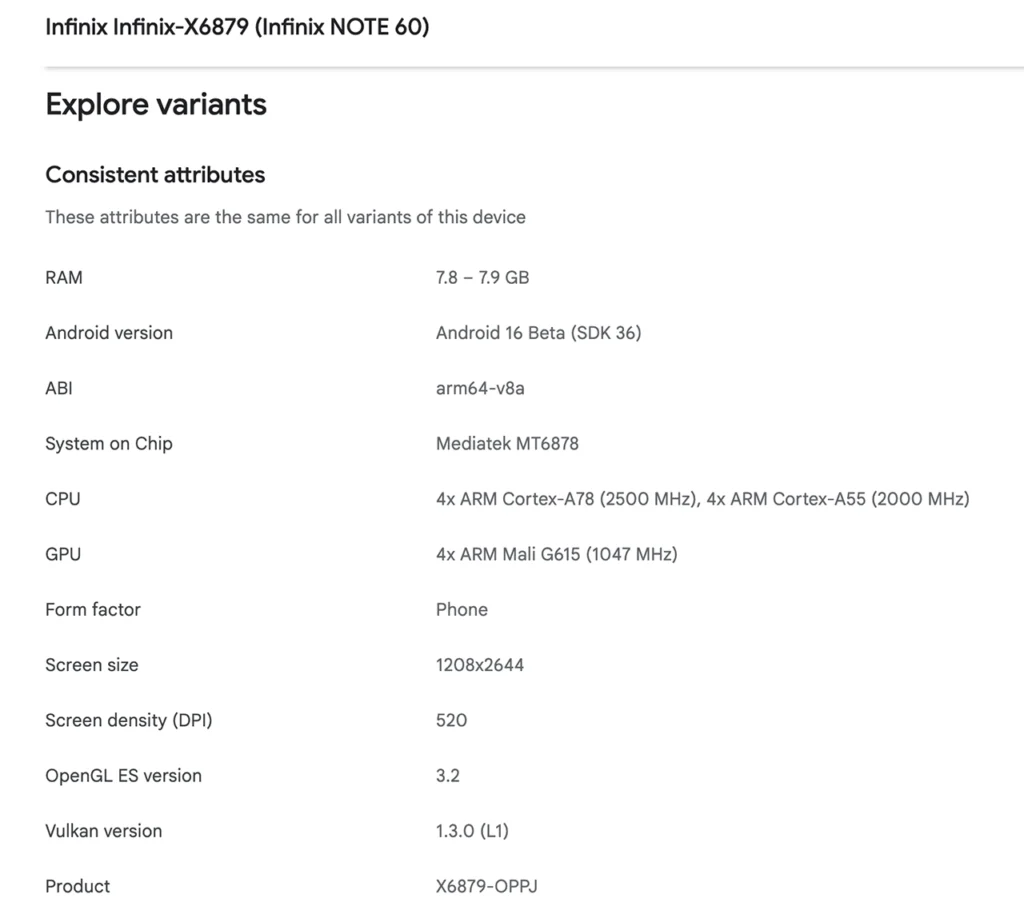 Infinix Note 60 spotted on Google Play console