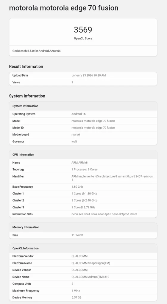 Motorola Edge 70 Fusion OpenCL Score