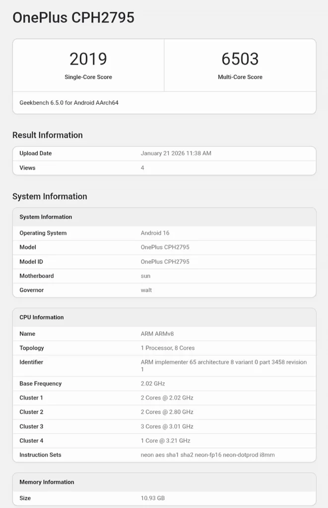 OnePlus Nord 6 Geekbench Score