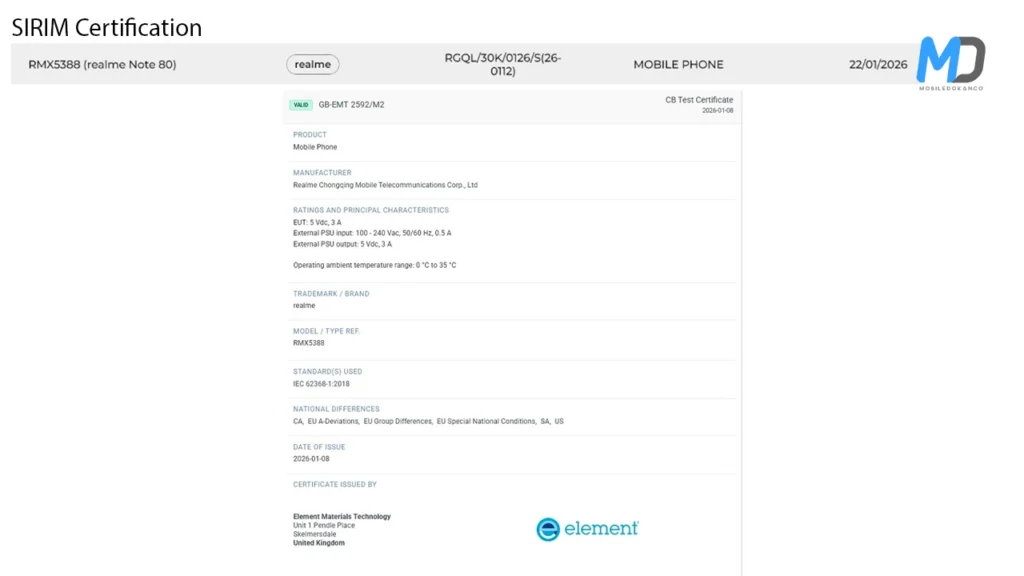 Realme Note 80 Multiple Certifications