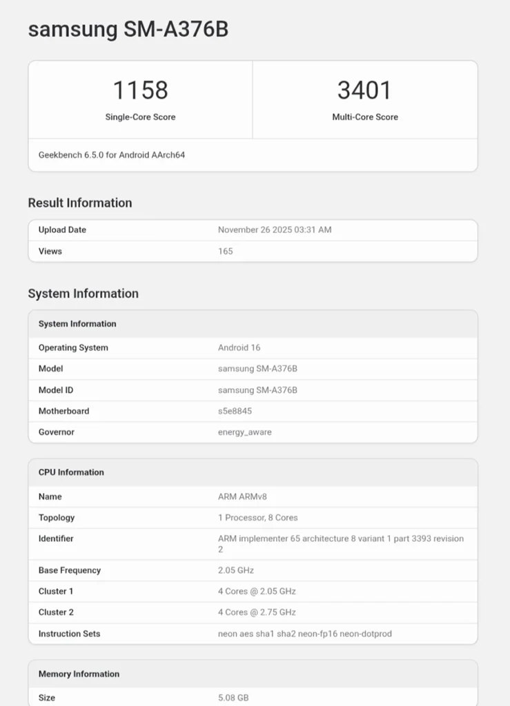 Samsung Galaxy A37 Geekbench Score