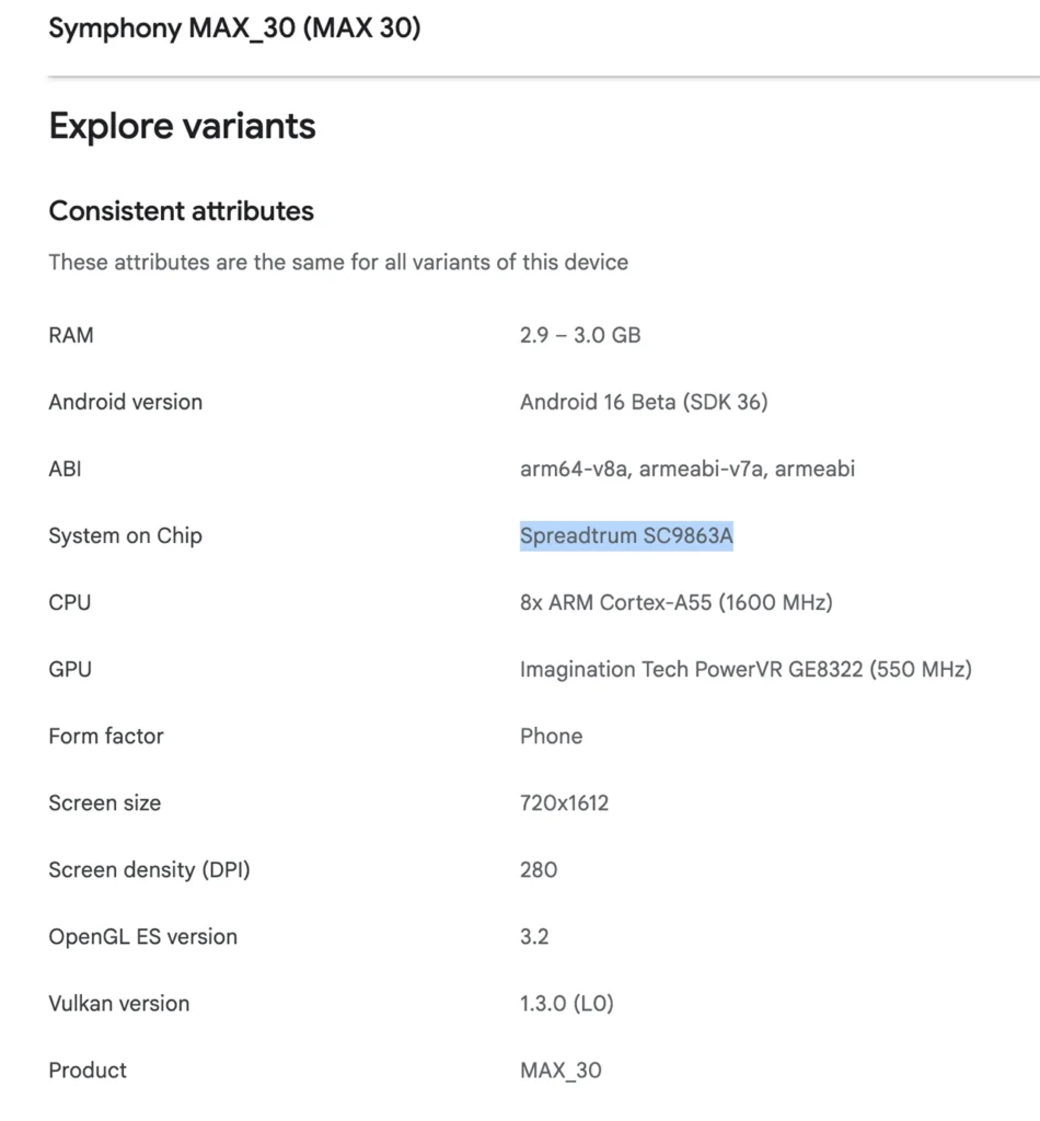 Symphony Max 30 spotted on Google Play Console
