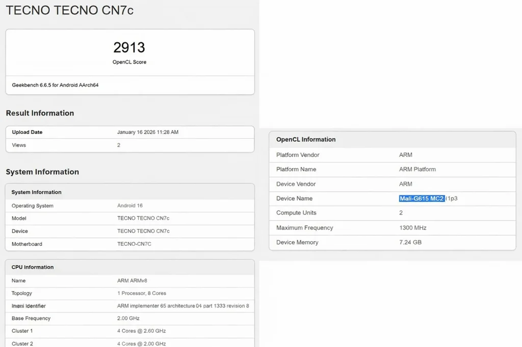 Tecno Camon 50 Pro (CN7c) on Geekbench