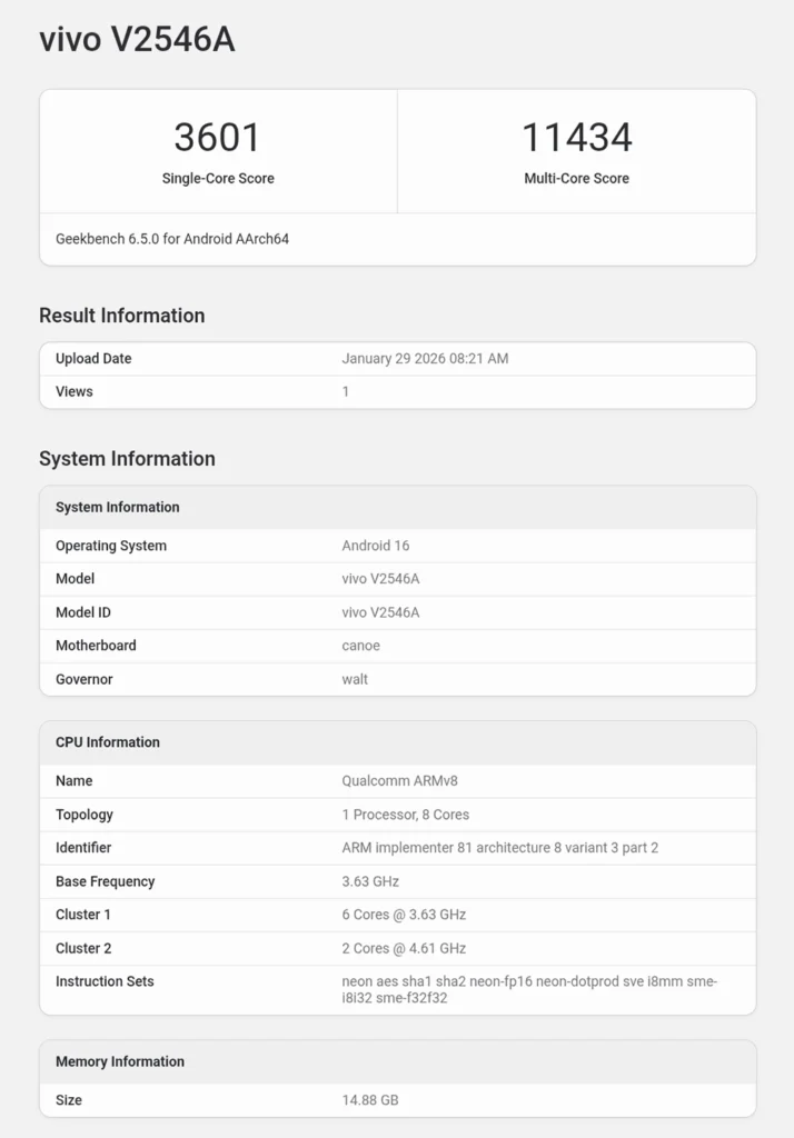 Vivo iQOO 15 Ultra Geekbench Score