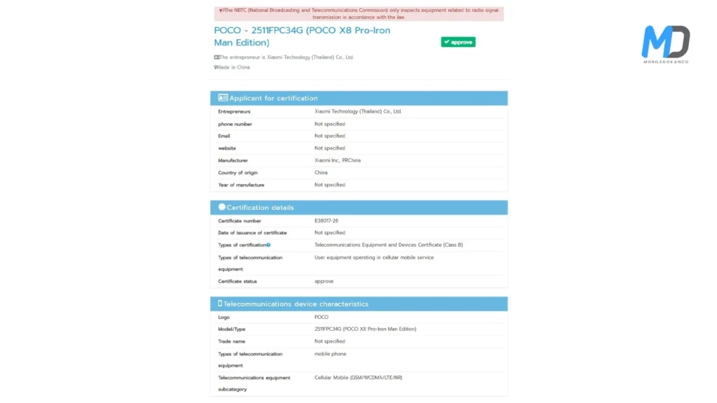 Xiaomi Poco X8 Pro Irom Man Edition NBTC listings
