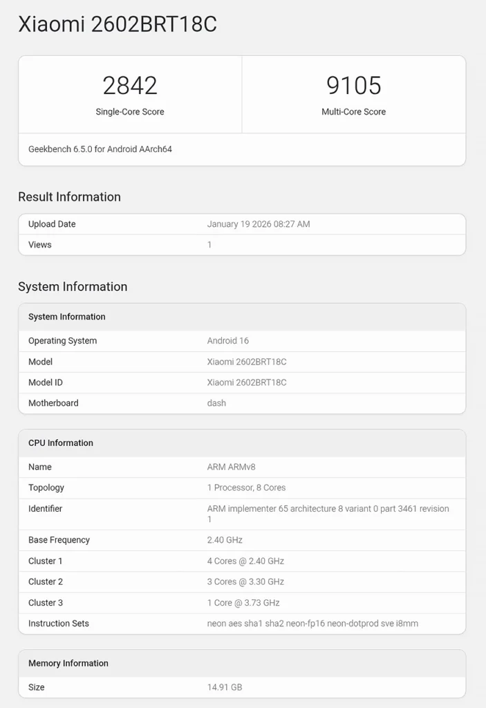 Xiaomi Redmi Turbo 5 Geekbench