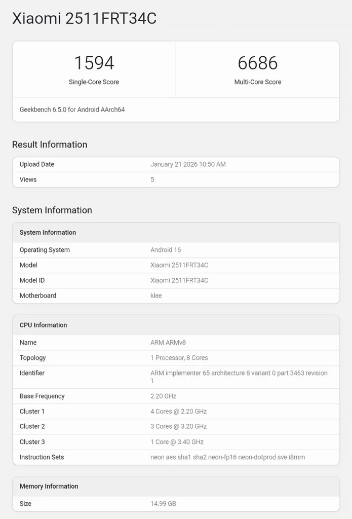 Xiaomi Redmi Turbo 5 Max Geekbench