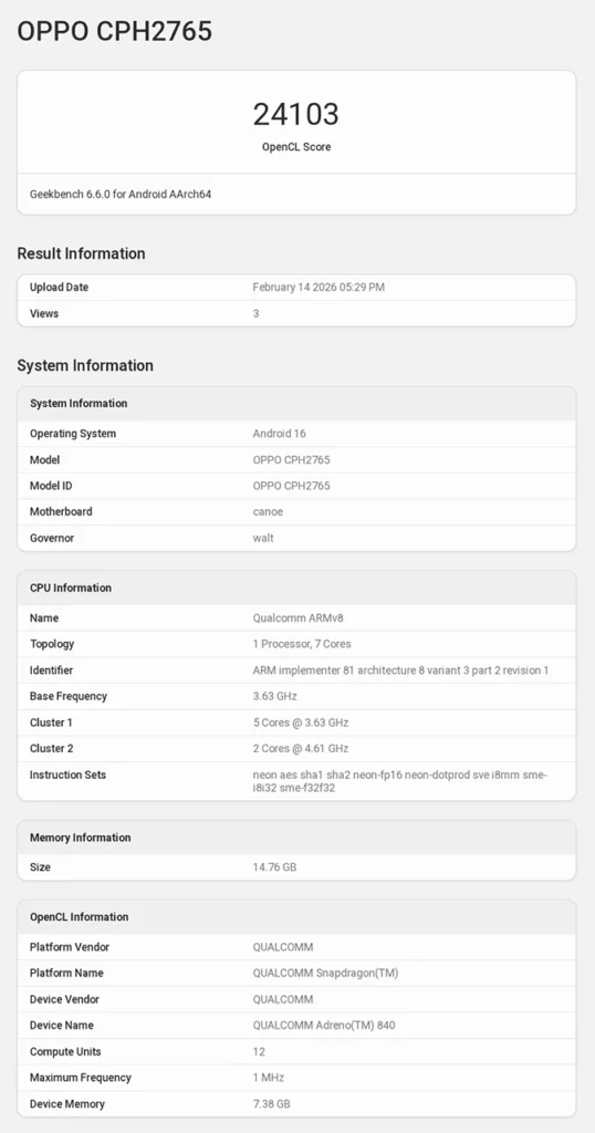Oppo Find N6 Geekbench OpenCL Score