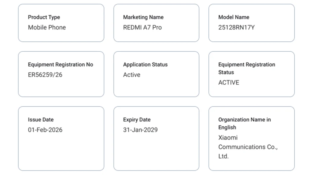 Redmi A7 Pro TDRA Certification