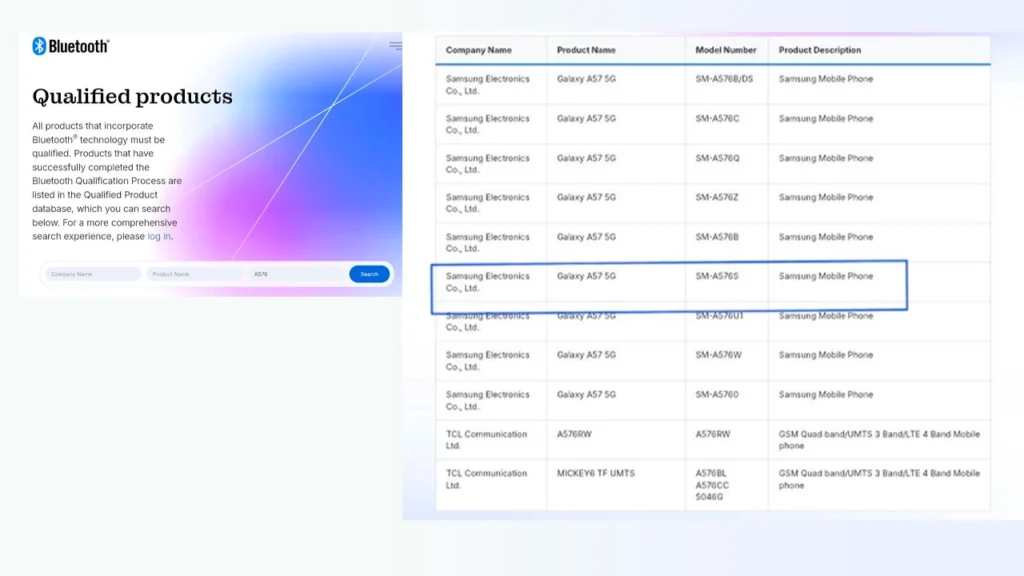 Samsung Galaxy A57 5G Bluetooth SIG listing