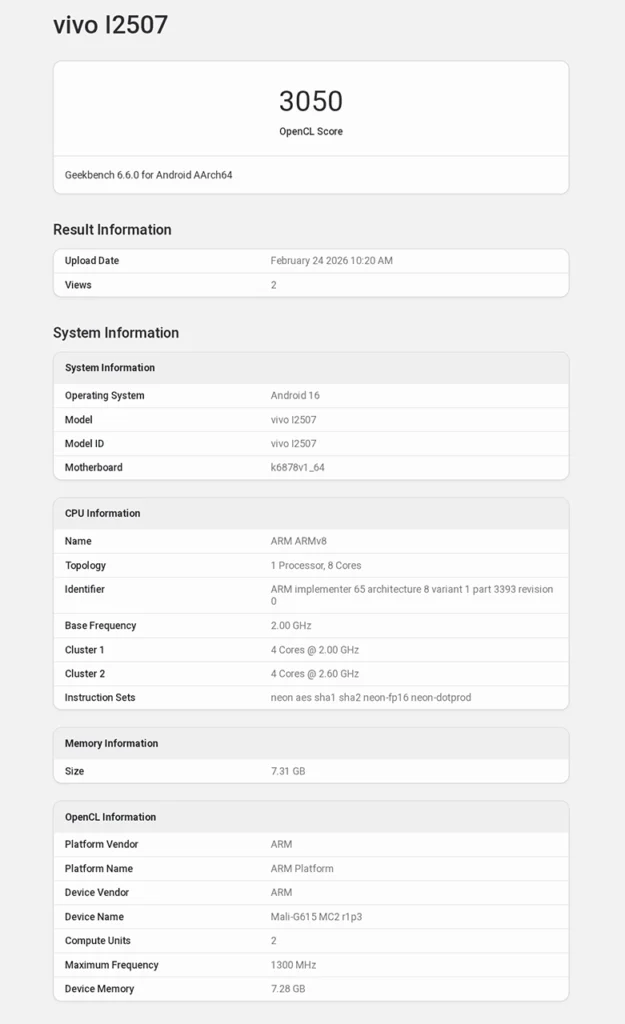 Vivo iQOO Z11x Geekbench OpenCL Score