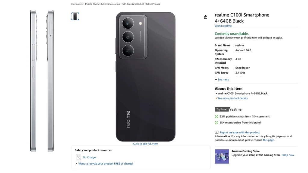 Realme C100i listed on Amazon