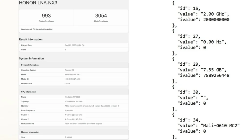 Honor 600e Geekbench listings