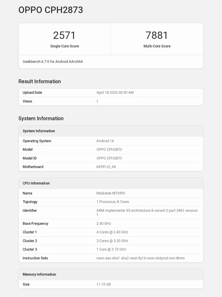 Oppo Find X9s Global Variant Geekbench