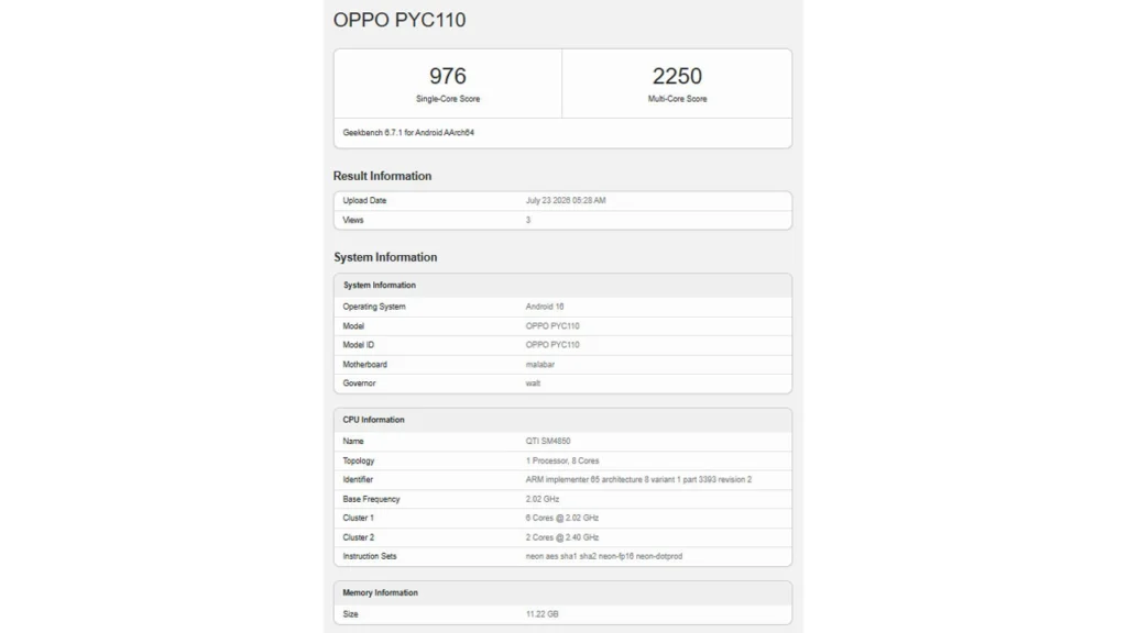 OPPO A7 Pro Max Geekbench listing