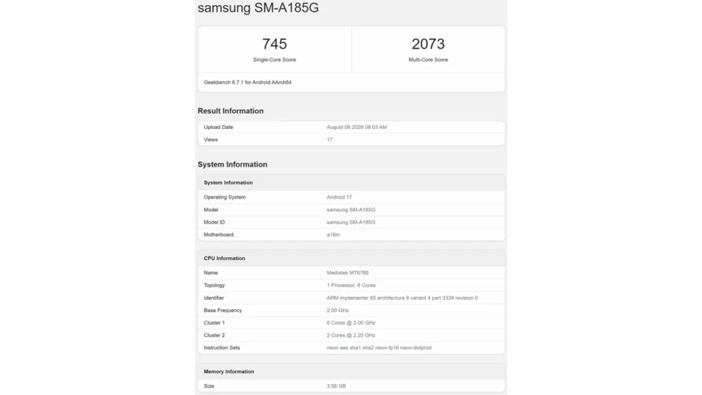 Samsung Galaxy A18 Geekbench listing
