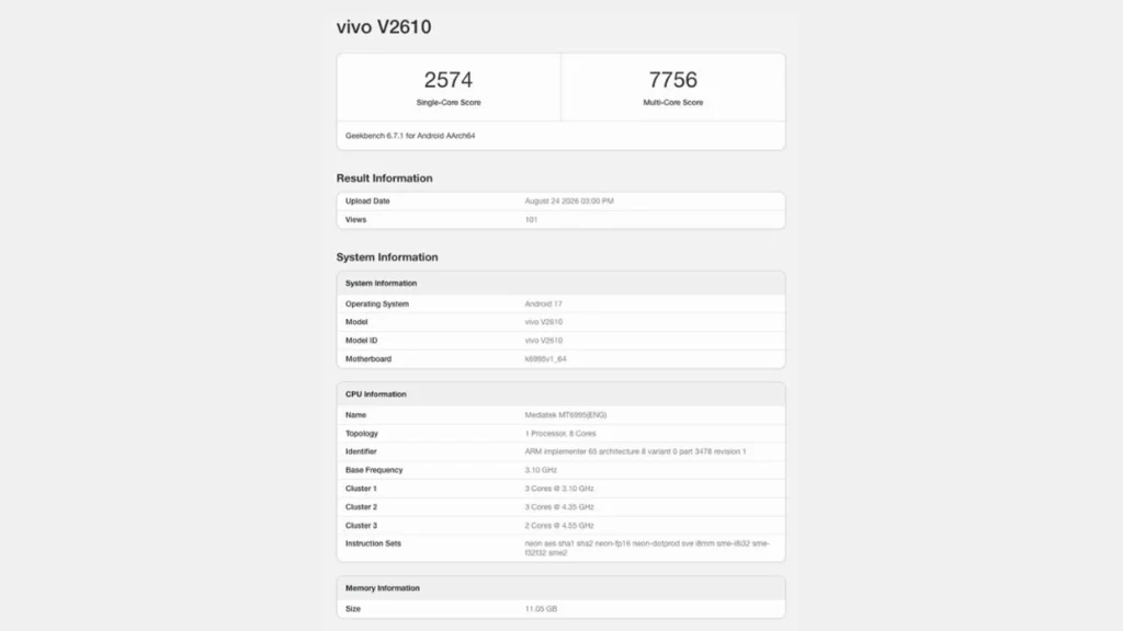 Vivo X500 Pro Max geekbench listing