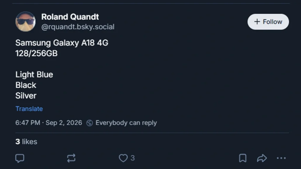 Samsung Galaxy A18 4G storage configurations and color options