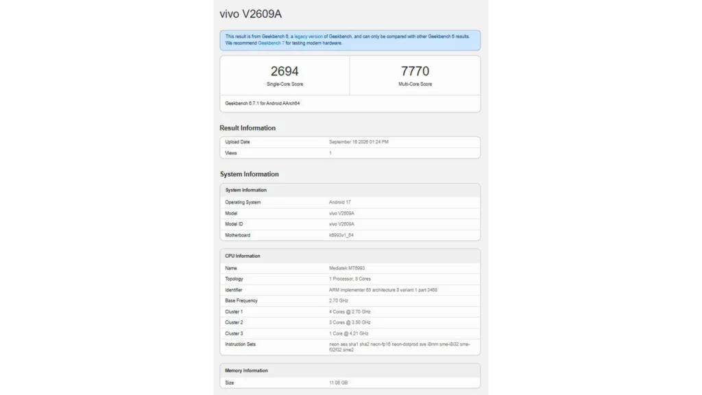 Vivo X500 Geekbench listing