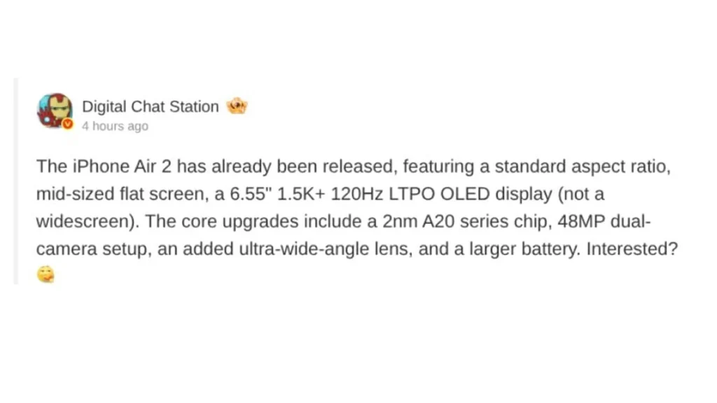 iPhone Air 2 major specs leak on DCS